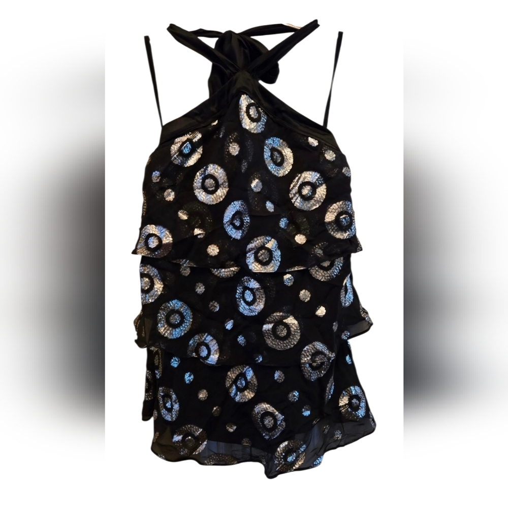 White House Black Market Womens Black Metallic Silver Layered Halter Night Out